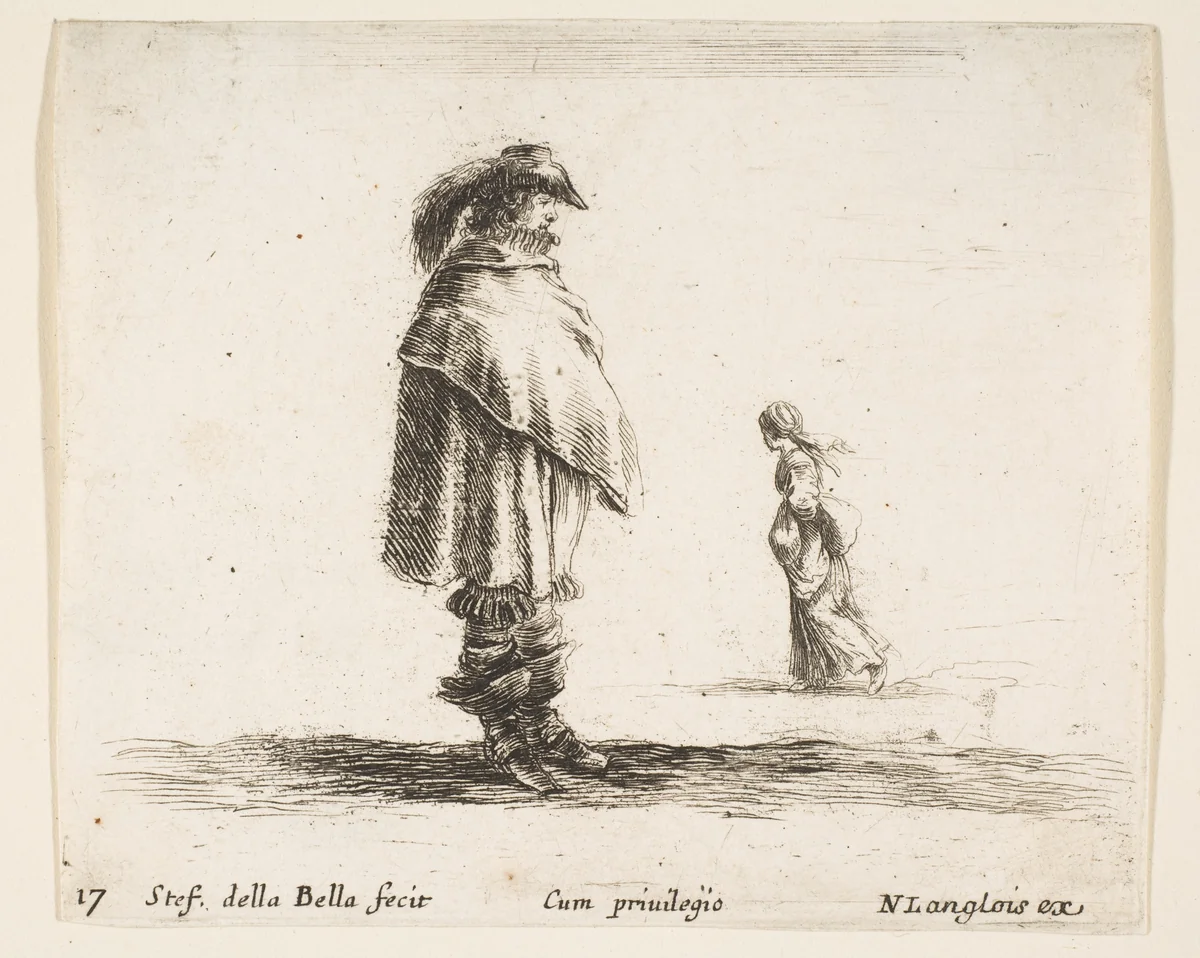 A man wearing a plumed hat in center facing right, a woman walking towards the left in the background, plate 17 from "Diversi capricci" by Stefano della Bella, print, 1639-1649