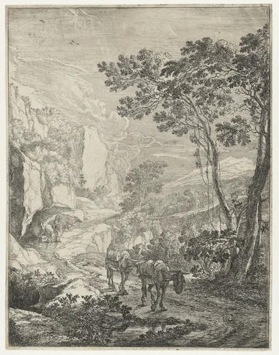 Landschap met twee muilezels voor de Rocca Aquatico bij Ancona by Jan Both, print, 1644-1652