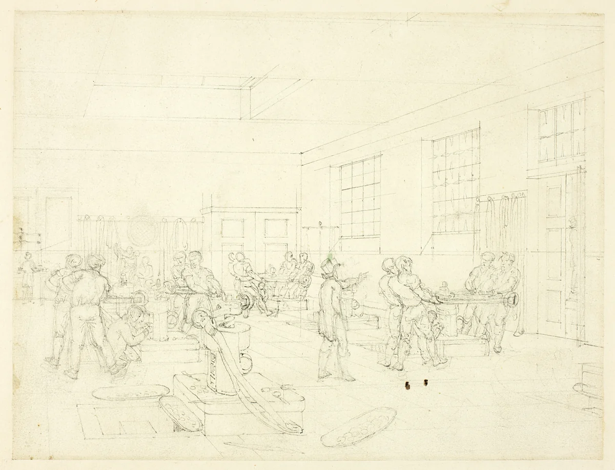 Study for The Mint, from Microcosm of London (recto); Sketch of Courtyard (verso) by Augustus Charles Pugin
Thomas Rowlandson, drawing, 1807-1809