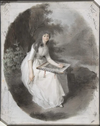 Portrait of a Seated Young Lady Drawing under a Tree by Firmin Massot, drawing, 1766-1849