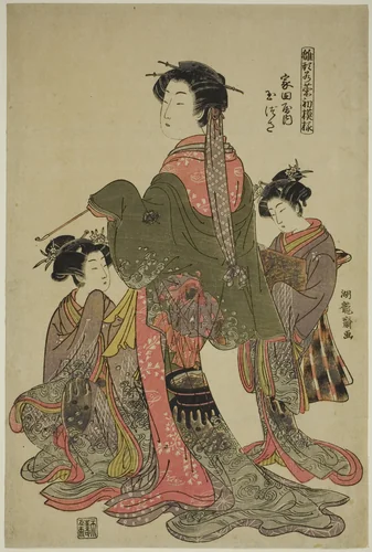 Tamazusa of Iedaya, from the series "Models for Fashion: New Designs as Fresh as Young Leaves (Hinagata wakana hatsu moyo)" by Isoda Koryusai, print, 1771-1781