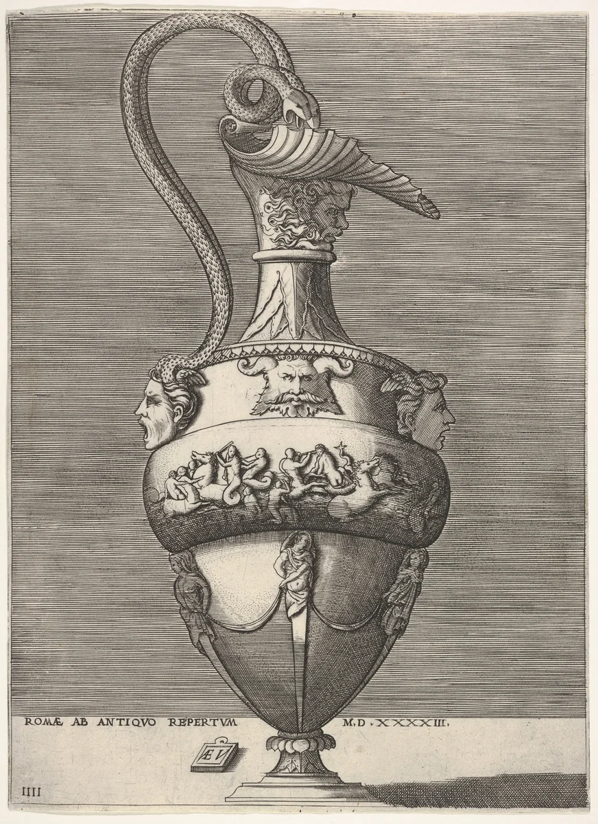 Antique Ewer with a Handle in the Shape of Two Snakes coming from the Head of Medusa below, from "Vases after the Antique" by Enea Vico, print, 1543