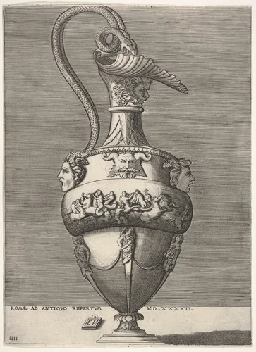 Antique Ewer with a Handle in the Shape of Two Snakes coming from the Head of Medusa below, from "Vases after the Antique" by Enea Vico, print, 1543