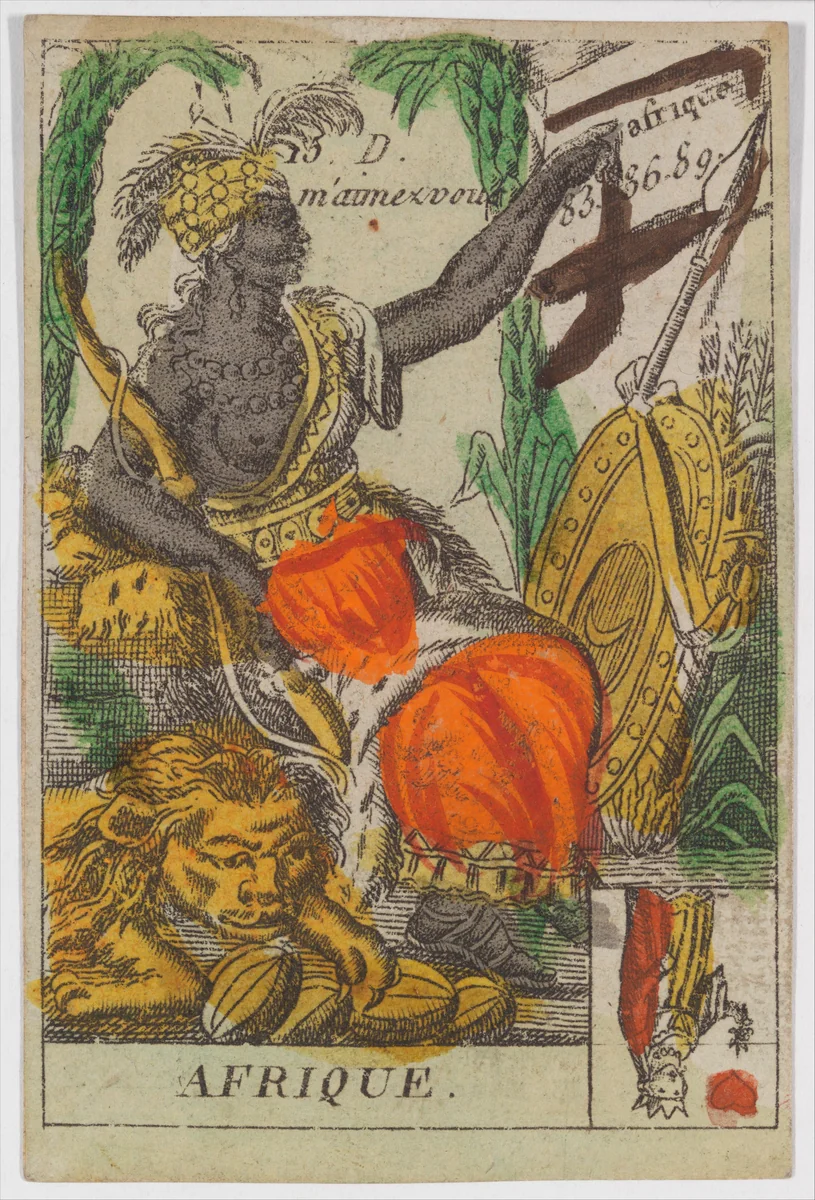 Afrique, from the playing cards (for quartets) "Costumes des Peuples Étrangers" by anonymous, print, 1700-1799