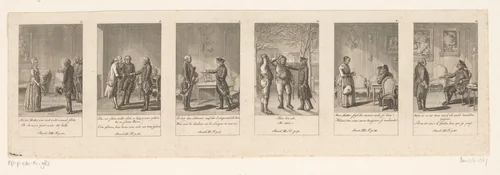 Zes voorstellingen uit de serie anekdotes van Friedrich II by Daniel Nikolaus Chodowiecki, print, 1788