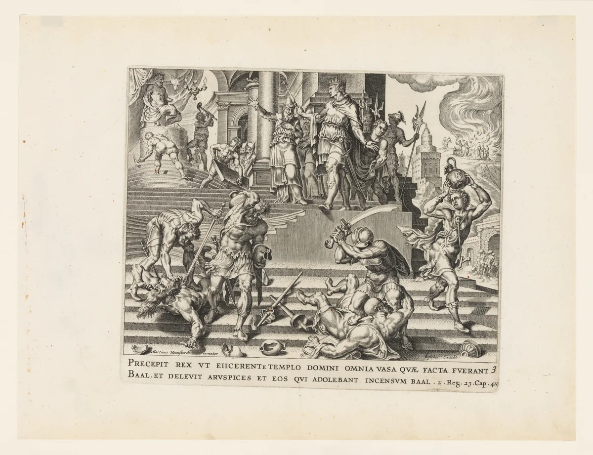 The Destruction of the Temple of Baal and the Slaughter of His Priests by Claes Jansz Visscher, print, 1564-1646
