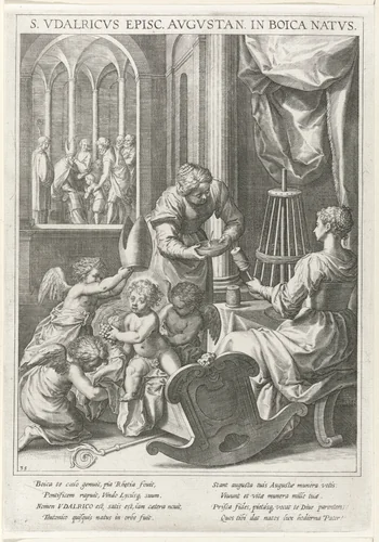 Heilige Udalricus van Augsburg als kind by Raphaël Sadeler, print, 1615