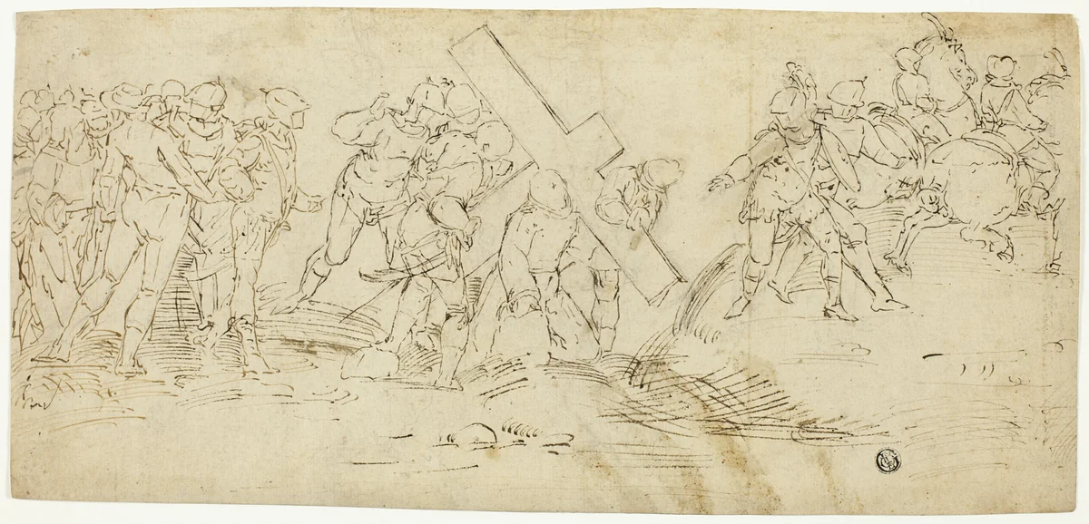 Via Crucis; Christ Falling Beneath the Cross (recto) Sketch of Male Nude (verso) by Luca Cambiaso, drawing, 1560-1570