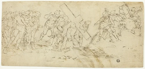 Via Crucis; Christ Falling Beneath the Cross (recto) Sketch of Male Nude (verso) by Luca Cambiaso, drawing, 1560-1570
