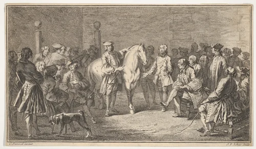 Standing men presenting a horse before a group of seated men by Jacques-Philippe Le Bas, print, 1707-1783