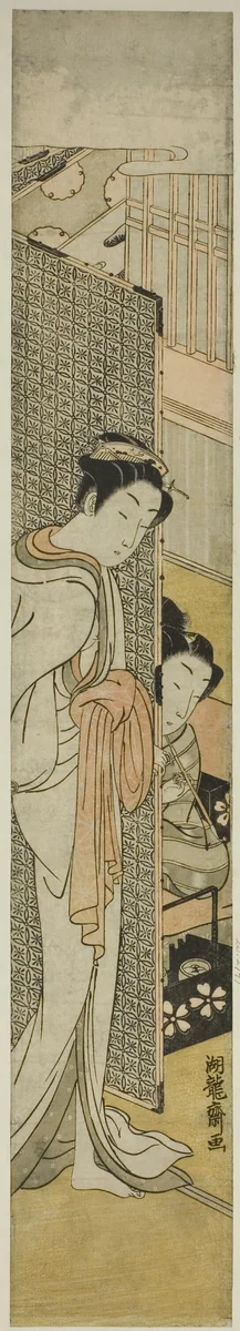 Courtesan Standing Behind Screen and Young Man Smoking by Isoda Koryusai, print, 1766-1776