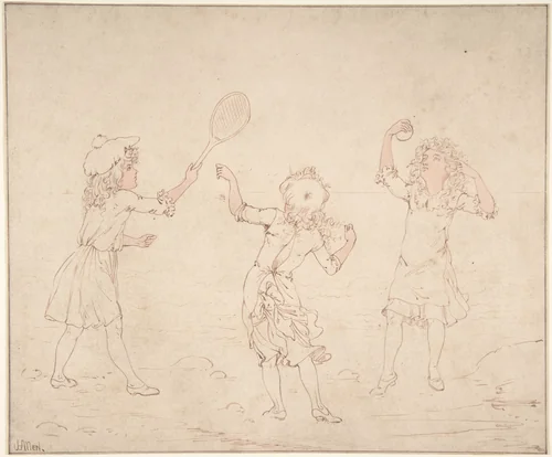Three Girls Playing at Ball at the Seaside by James W. Allen, drawing, 1885-1915