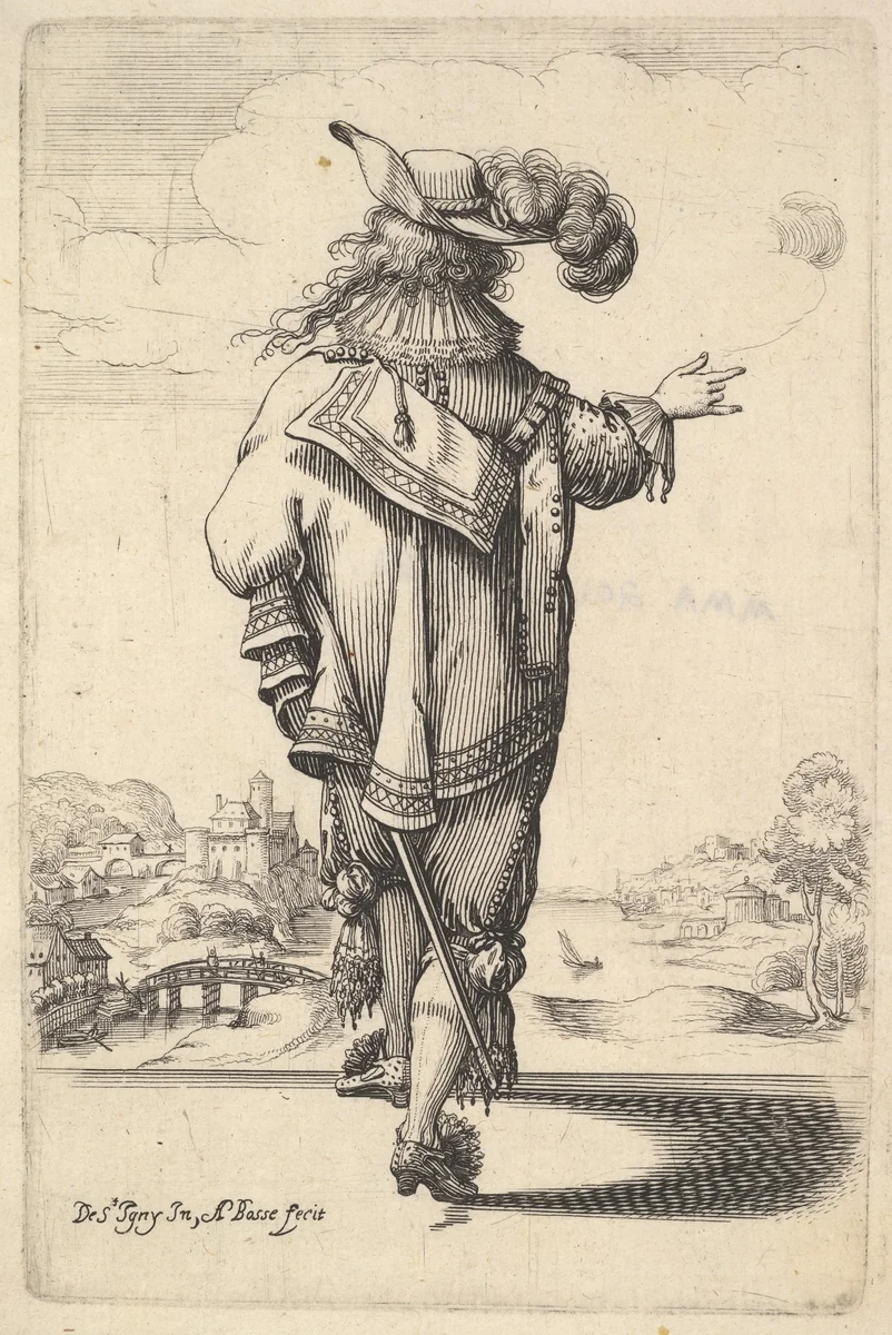 A gentleman wearing a plumed hat and carrying a sword, seen from behind, his right arm outstrestched, a landscape in the background with houses and a tower, from "The Garden of the French Nobles In Which One Can Pick Up Their Way of Dressing" by Abraham Bosse, print, 1629