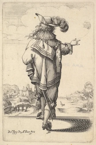 A gentleman wearing a plumed hat and carrying a sword, seen from behind, his right arm outstrestched, a landscape in the background with houses and a tower, from "The Garden of the French Nobles In Which One Can Pick Up Their Way of Dressing" by Abraham Bosse, print, 1629