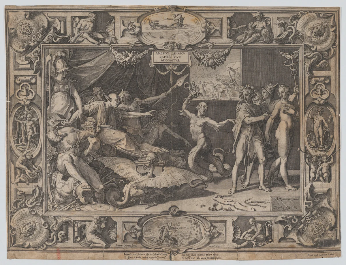 The Calumny of Apelles by Cornelis Cort, print, 1602