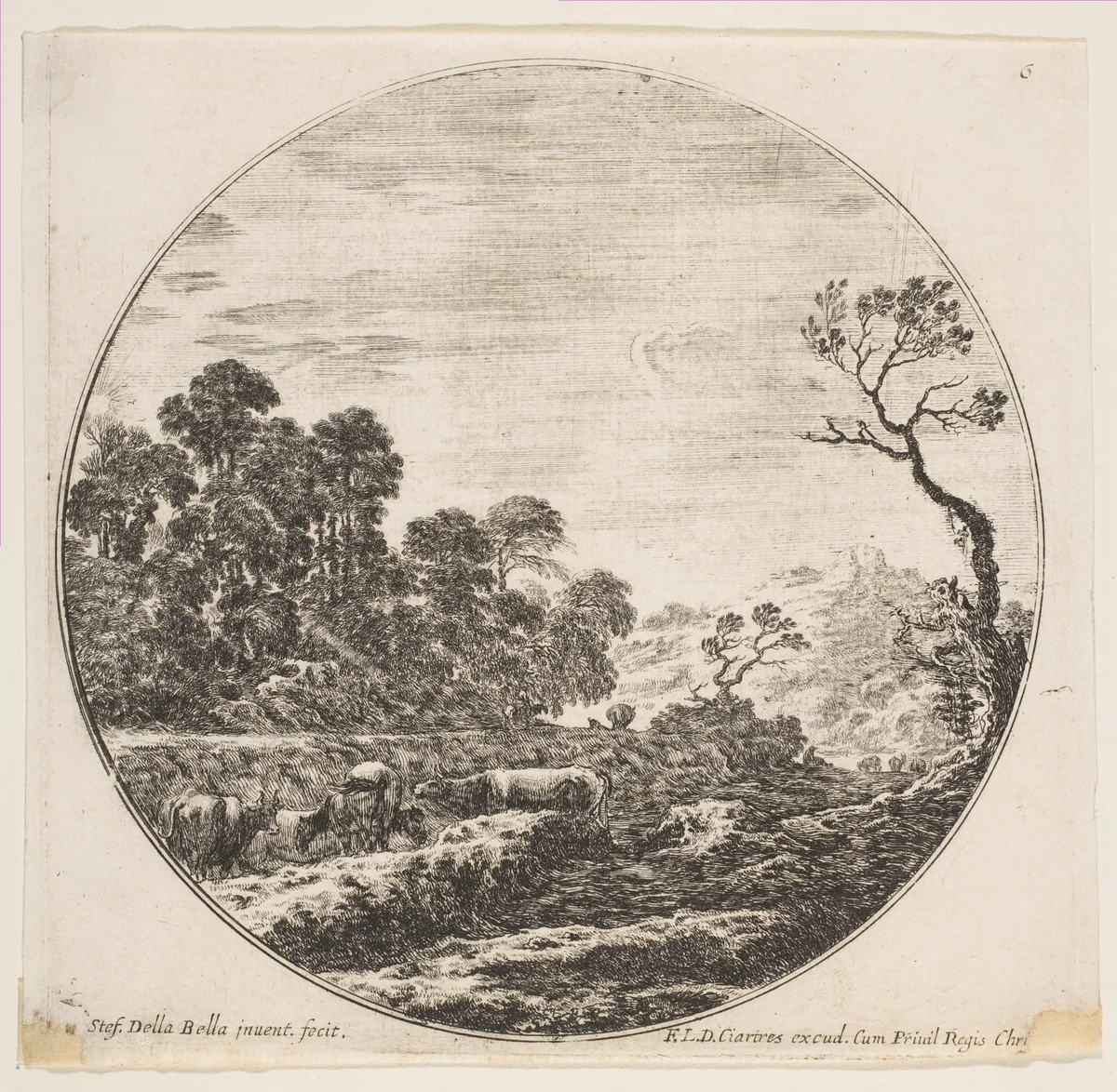 Cows crossing a valley at left, a horseman and other cows in the background, plate 6 from "Roman landscapes and ruins" (Paysages et ruines de Rome) by Stefano della Bella, print, 1641-1651