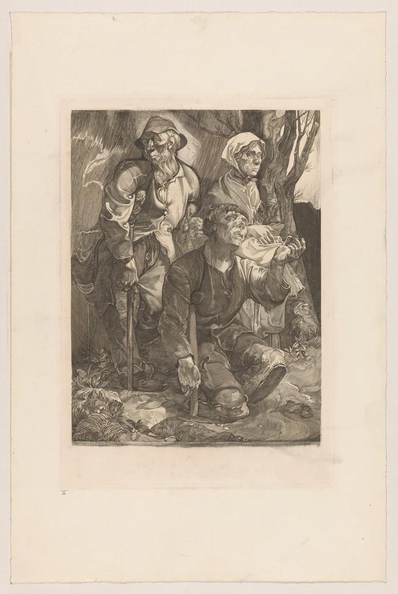 Drie bedelaars bij een boom by Johannes Josephus Aarts, print, 1881-1934