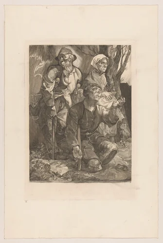 Drie bedelaars bij een boom by Johannes Josephus Aarts, print, 1881-1934