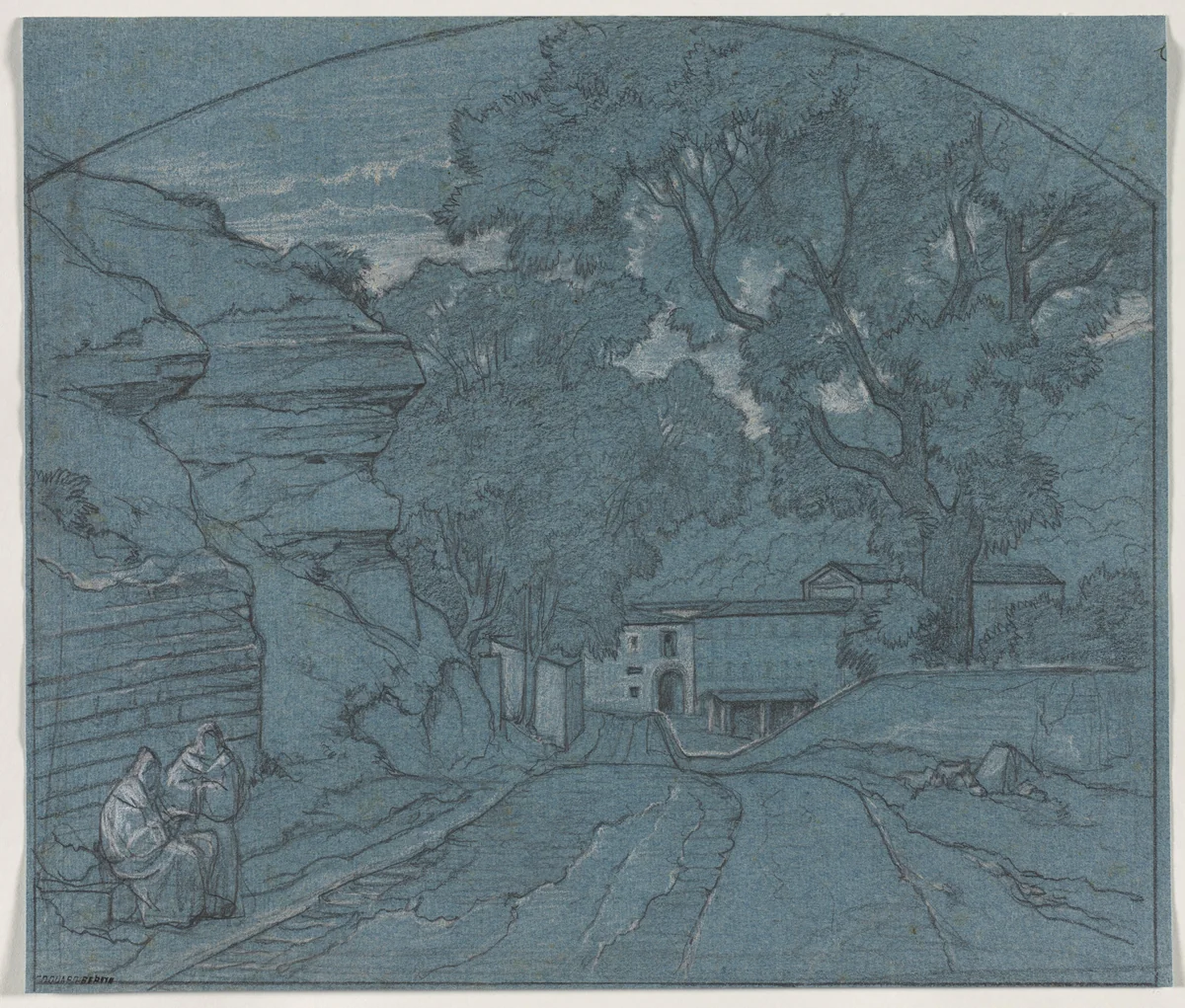 Landscape with Two Monks by François Edouard Bertin, drawing, 1835-1845