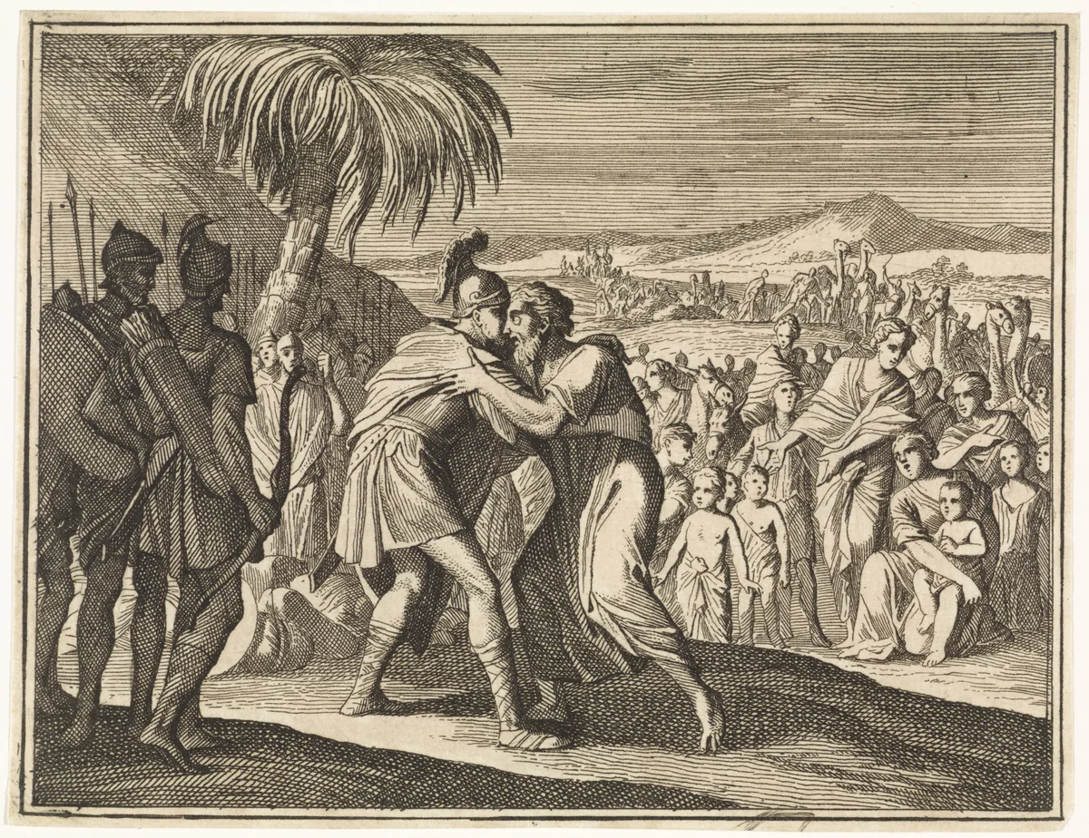Verzoening van Jakob en Esau by Caspar Luyken, print, 1712