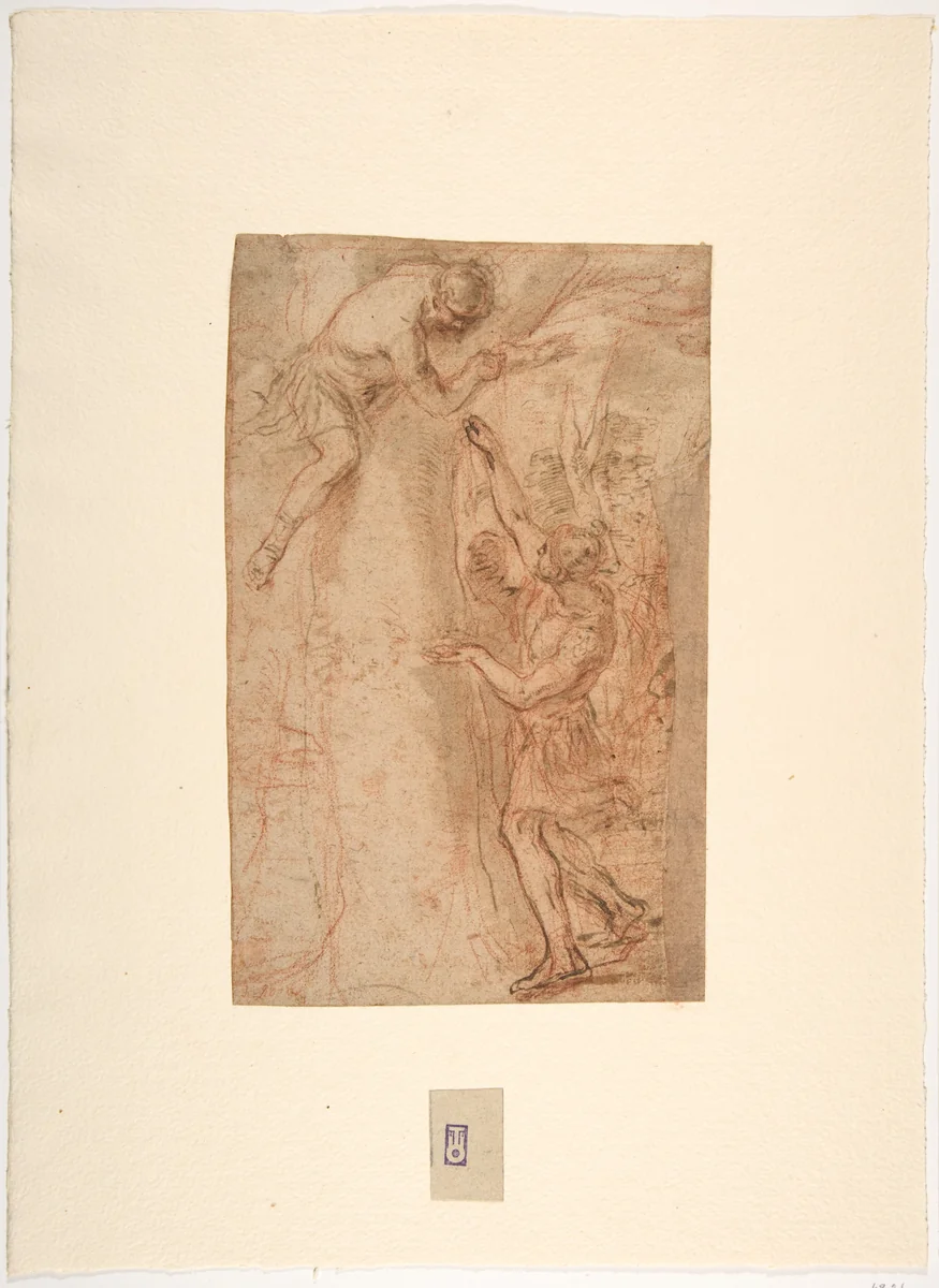 Two Warriors, One Standing, The Other Clinging to a Tree by Andrea Sacchi, drawing, 1599-1661