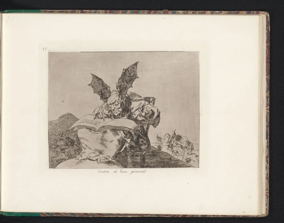 Monsterlijk figuur met klauwen en vleermuisvleugels als oren schrijft in een boek by Francisco de Goya, book, 1810-1820