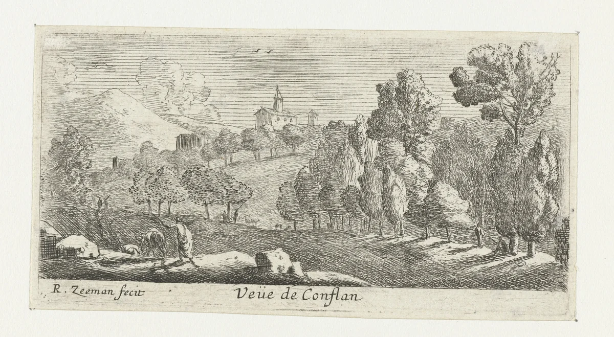 Gezicht op Conflans by Reinier Nooms, print, 1650