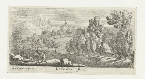 Gezicht op Conflans by Reinier Nooms, print, 1650