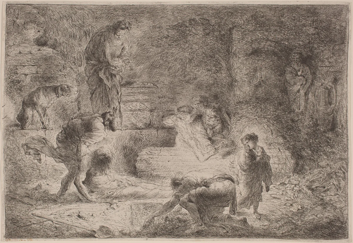 Tobit Burying the Dead by Giovanni Benedetto Castiglione, print, 1640-1650