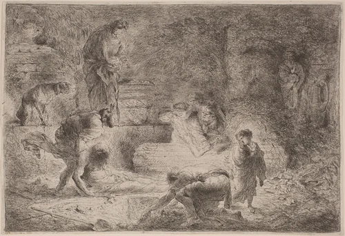 Tobit Burying the Dead by Giovanni Benedetto Castiglione, print, 1640-1650