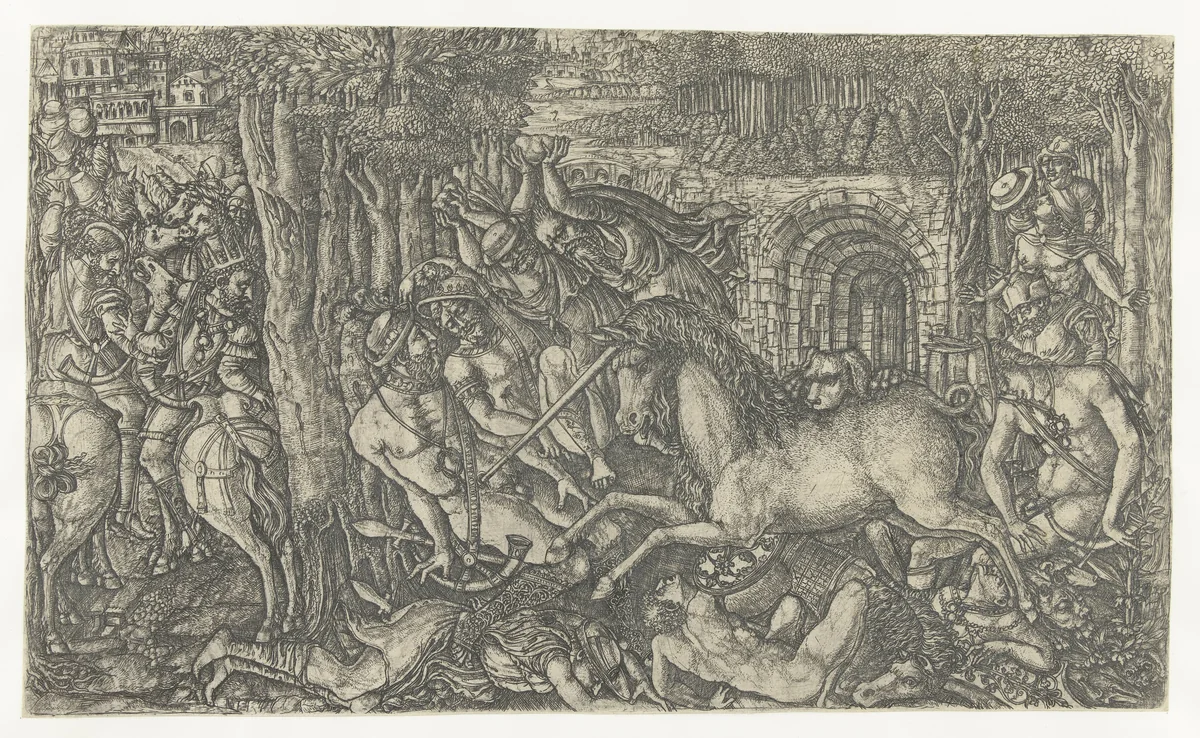 De koning vlucht voor de eenhoorn by Jean Duvet, print, 1540-1551