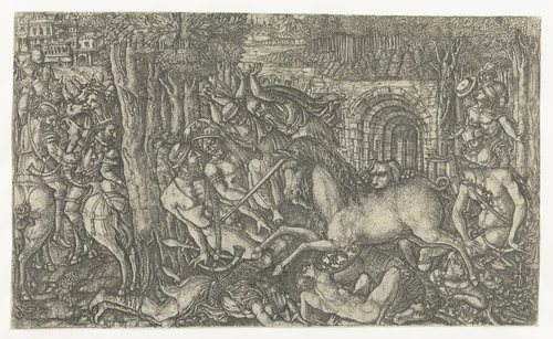 De koning vlucht voor de eenhoorn by Jean Duvet, print, 1540-1551