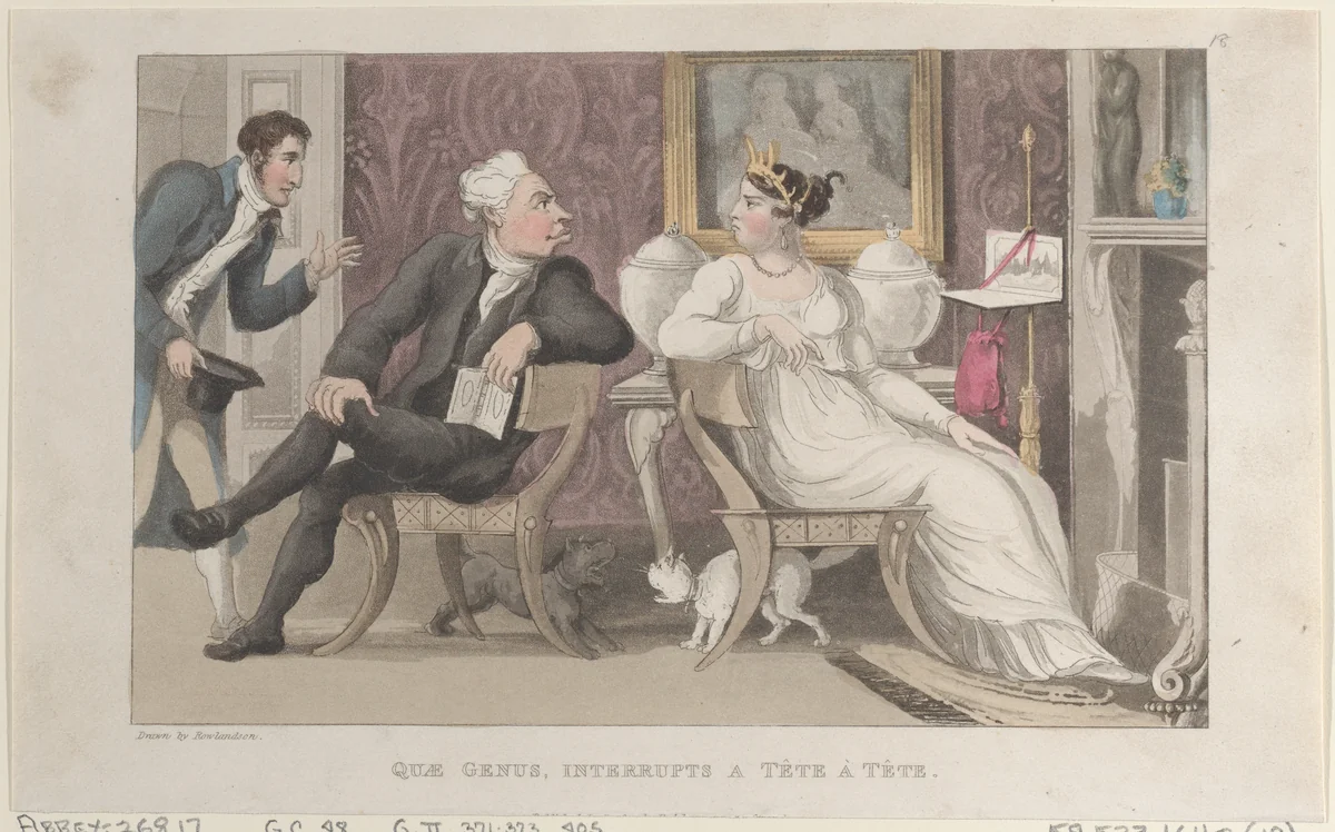 Quae Genus, Interrupts a Tête à Tête by Thomas Rowlandson, print, 1822