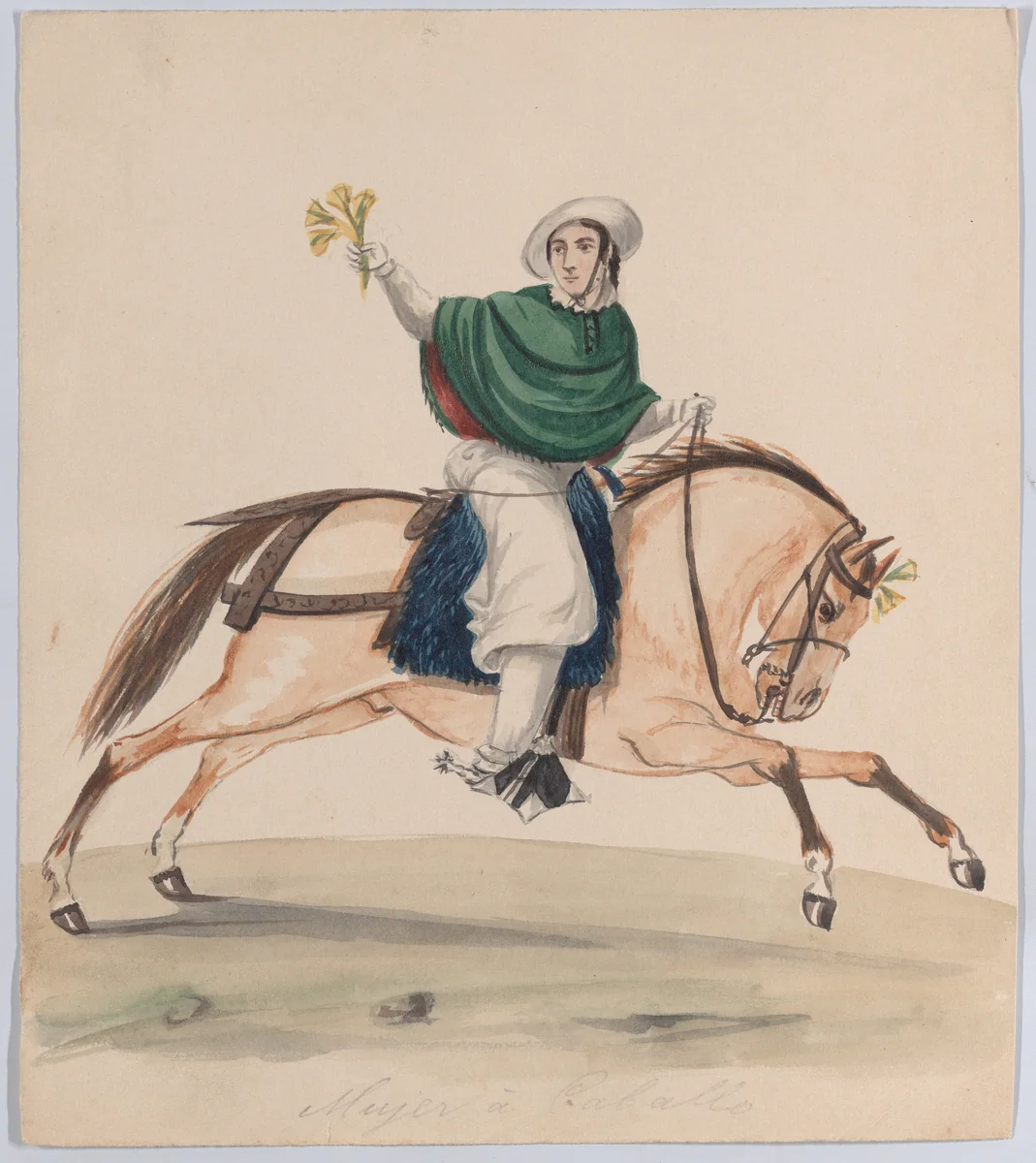 An elegantly dressed woman on horseback, from a group of drawings depicting Peruvian dress by Francisco Fierro, drawing, 1843-1853