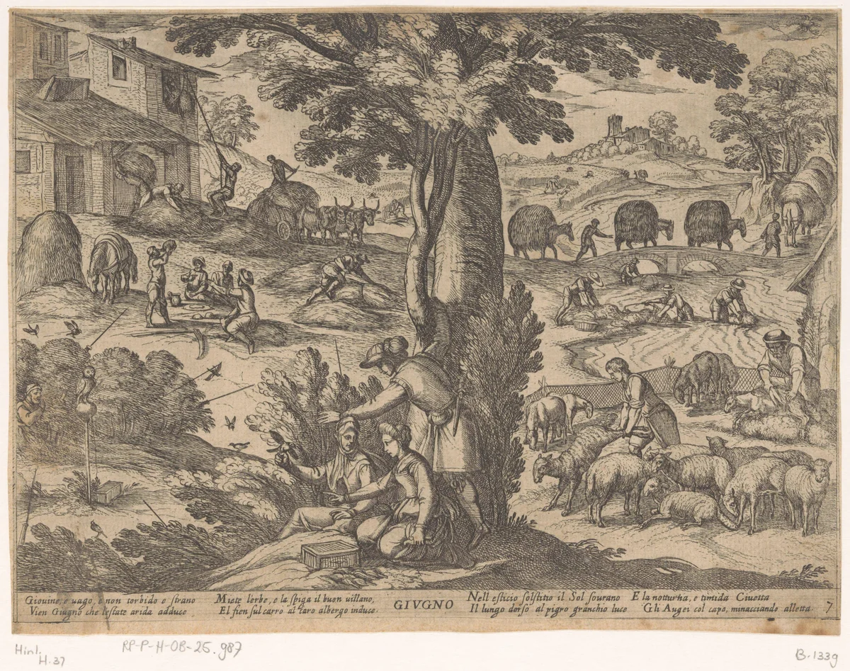 Juni: schapen scheren (kreeft) by Antonio Tempesta, print, 1599
