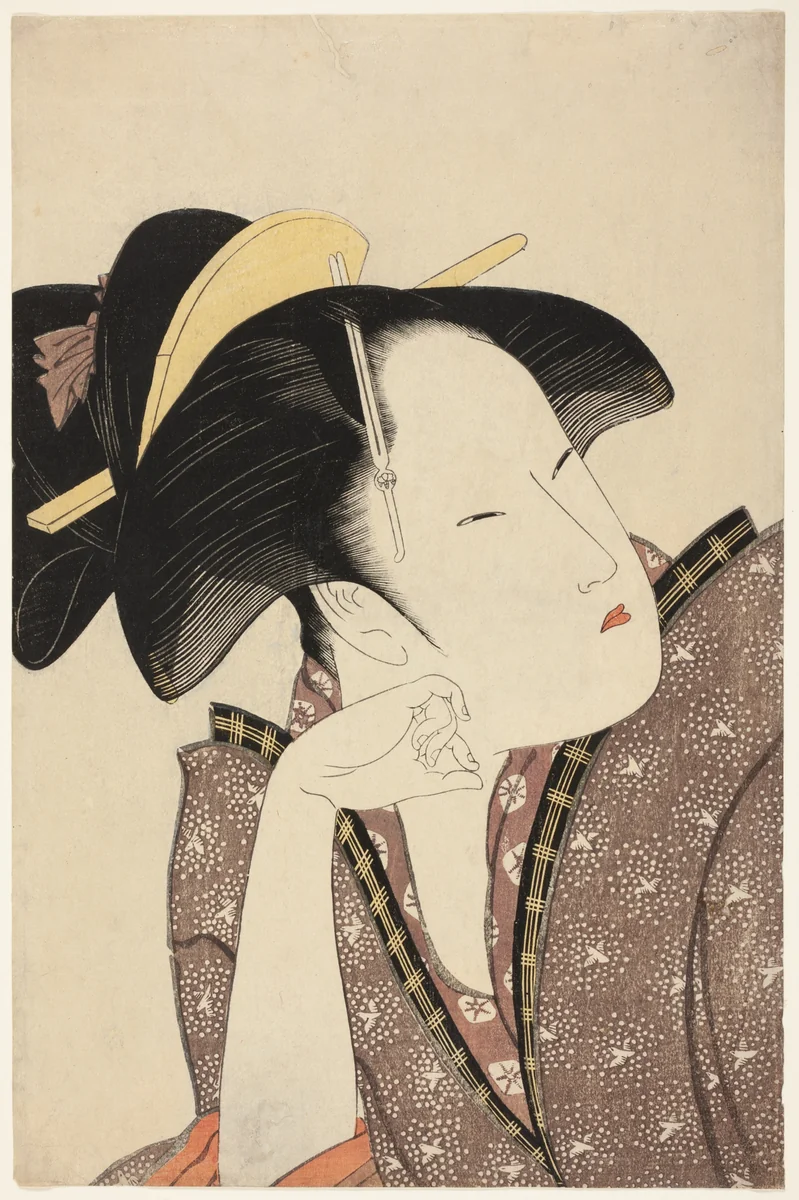 Reflective Love, from the series "Anthology of Poems: The Love Section (Kasen koi no bu) (Mono-omou koi)" by Kitagawa Utamaro (喜多川歌麿), print, 1788-1799