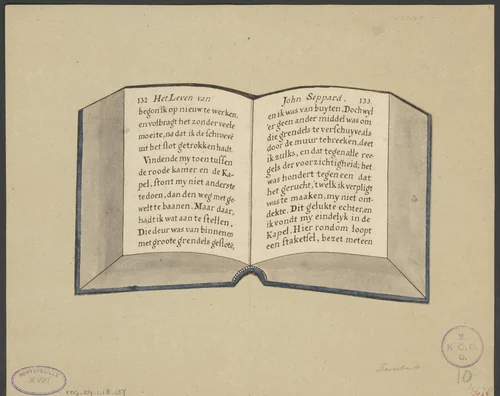 Opengeslagen boek met twee pagina's uit Het leven van John Sheppard by anonymous, drawing, 1800-1849