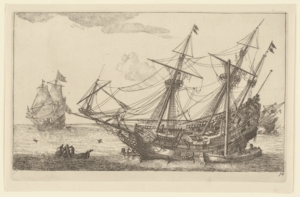 Reparaties aan de romp van een koopvaardijschip by anonymous, print, 1652-1714