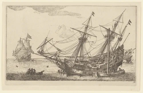 Reparaties aan de romp van een koopvaardijschip by anonymous, print, 1652-1714