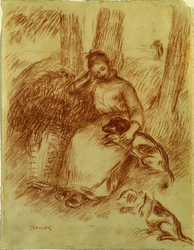 Peasant Girl with Dog by Pierre-Auguste Renoir, drawing, 1889-1899