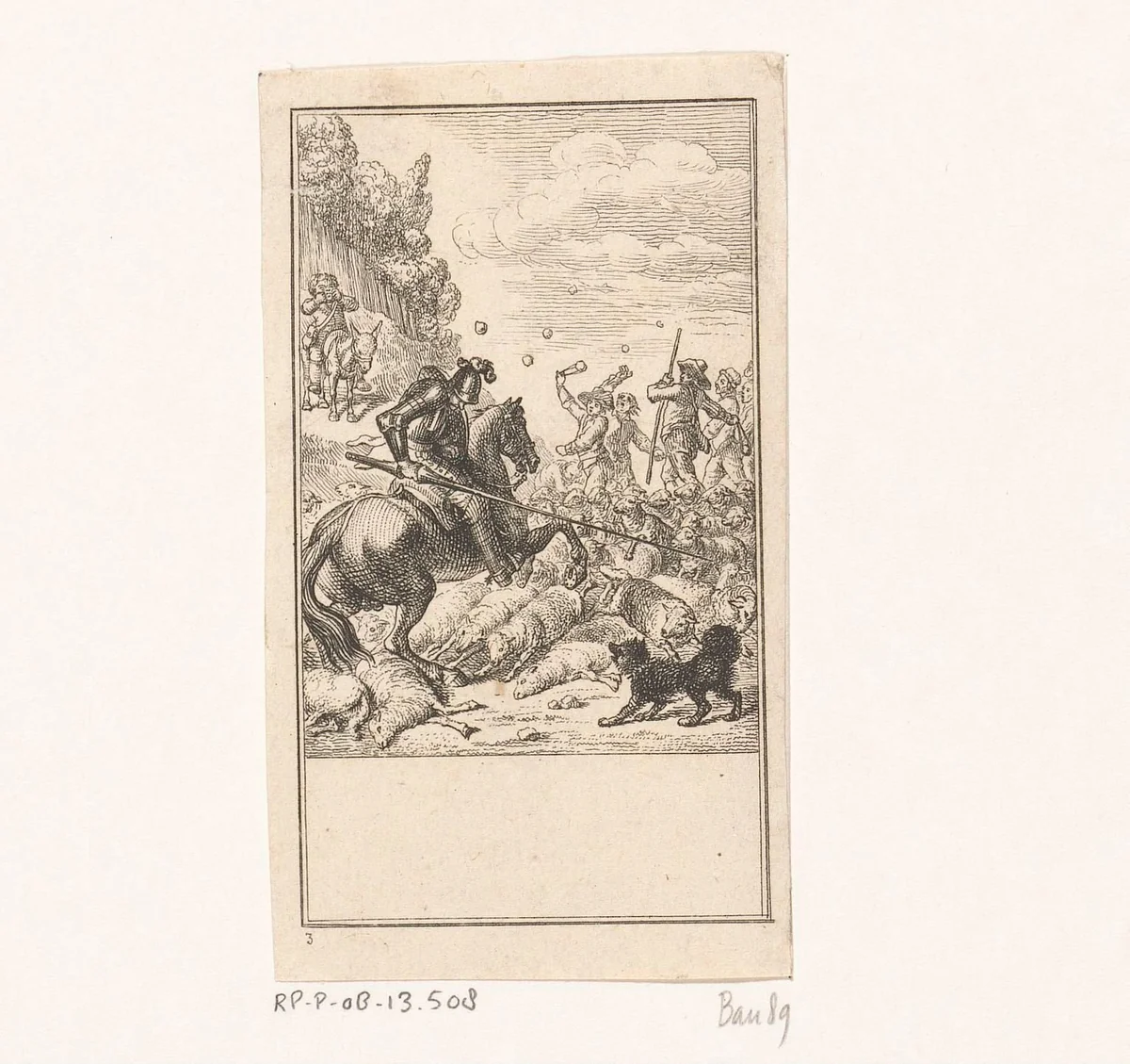 Don Quichot valt een kudde schapen aan by Daniel Nikolaus Chodowiecki, print, 1770