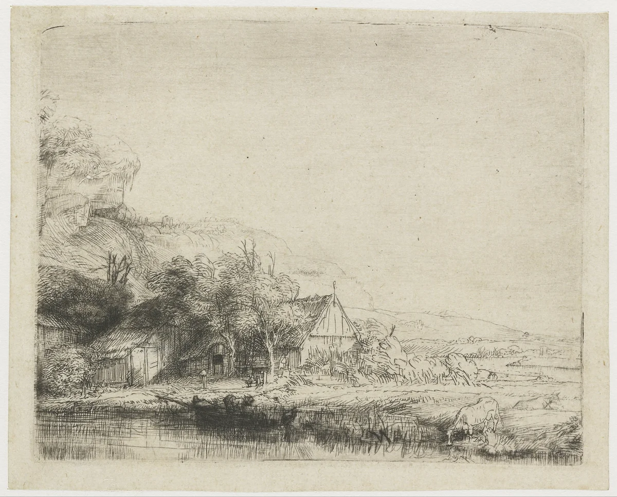 Landscape with a Cow Drinking by Rembrandt van Rijn, print, 1650