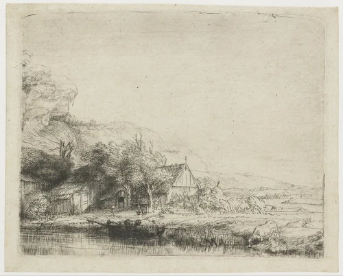 Landscape with a Cow Drinking by Rembrandt van Rijn, print, 1650