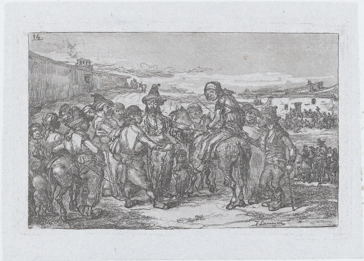 Plate 14: a large group of people outdoors, possibly a troupe of actors, from the series of customs and pastimes of the Spanish people by Francisco Lameyer, print, 1850
