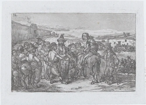 Plate 14: a large group of people outdoors, possibly a troupe of actors, from the series of customs and pastimes of the Spanish people by Francisco Lameyer, print, 1850
