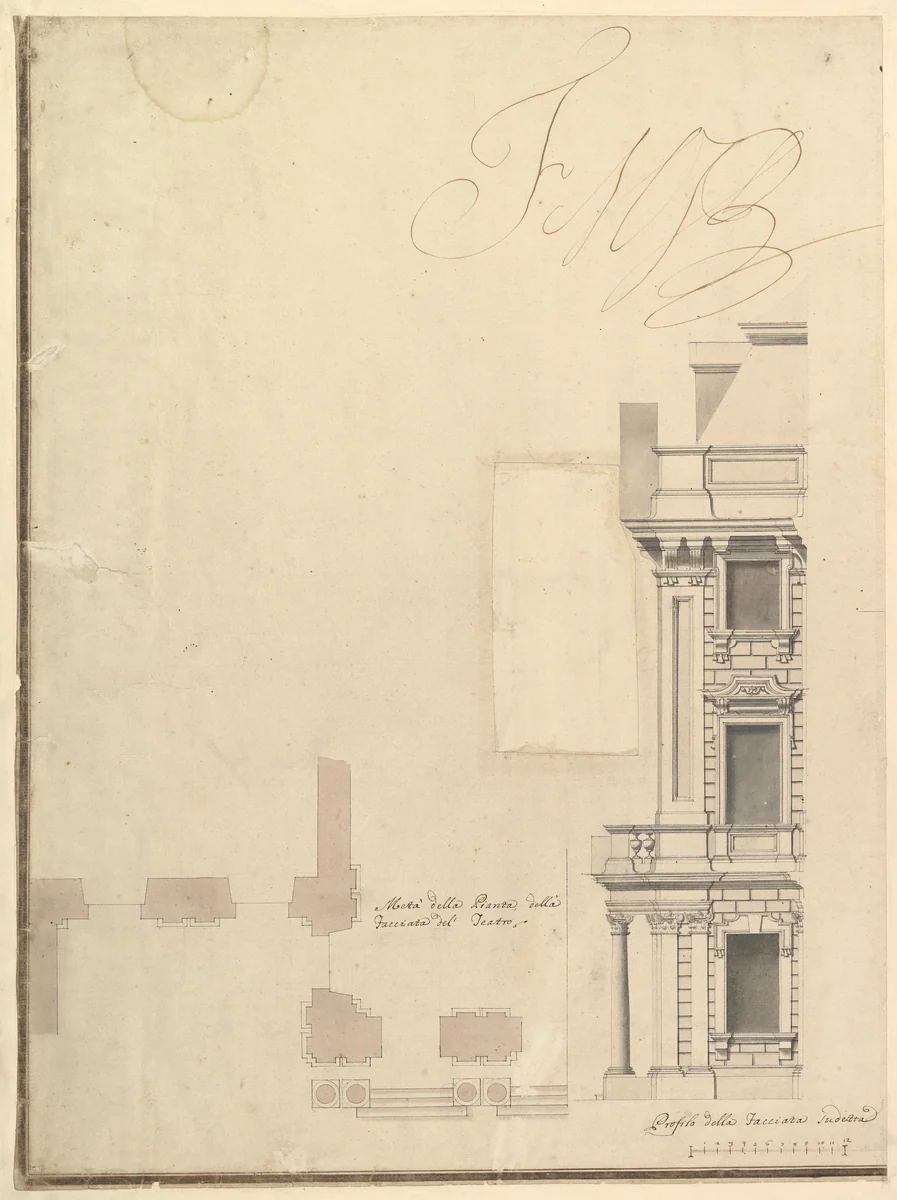 Views of a Theater (Bayreuth): Profile View of Facade and Half of the Plan by Giuseppe Galli Bibiena, drawing, 1696-1756
