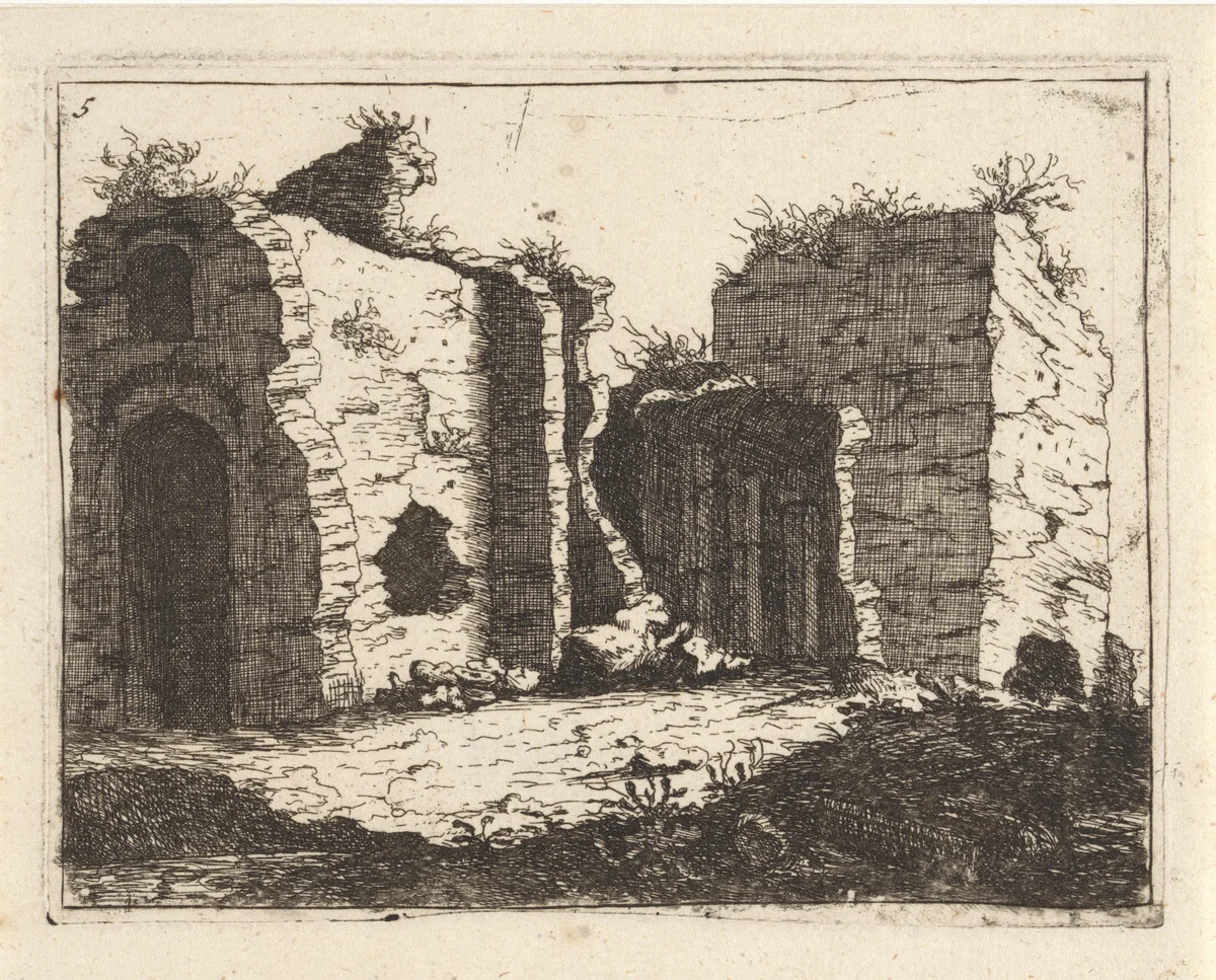 Romeinse ruïnes in contrastrijk licht by M. Schaep, print, 1648