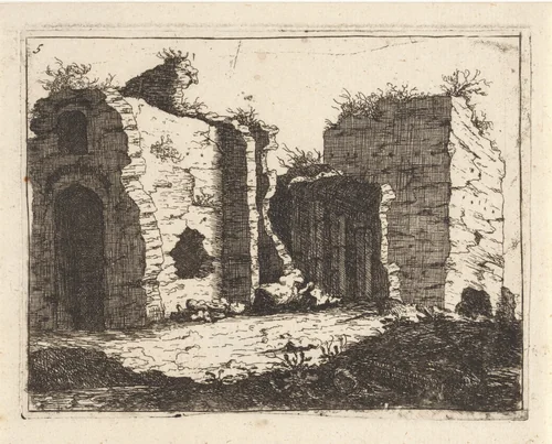 Romeinse ruïnes in contrastrijk licht by M. Schaep, print, 1648