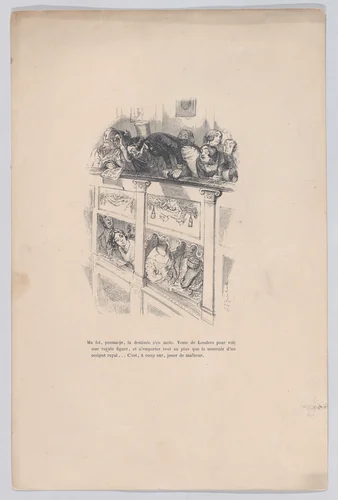 I had come to London to see a royal, but I only saw the back of another person's head, from "Little Miseries of Human Life" by J. J. Grandville, print, 1843