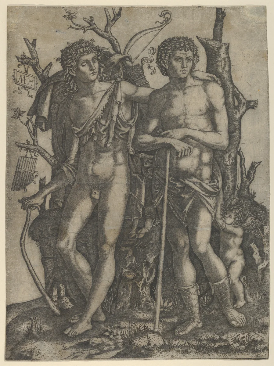 Apollo standing at the left, his hand resting on the shoulder of Hyacinthus, Cupid in the lower right by Marcantonio Raimondi, print, 1506